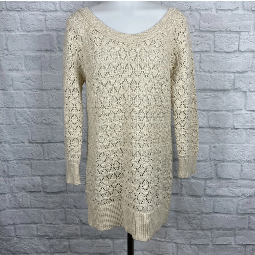 American Eagle Women’s Sweater Cream Silver Metallic Scoop Neck Pullover Size XS
